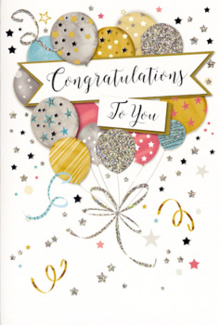 The congratulations card portrayed here has been designed with the same consideration and balance we bring to a carefully arranged bouquet in Belvedere. A central bouquet of illustrated balloons forms the focus, positioned against a soft, uncluttered background. The balloons are illustrated in a muted yet festive palette-warm gold, cool silver, champagne beige, sky blue, blush pink, and light grey-each finished with delicate embellishments such as scattered stars, fine stripes, or small speckles that mimic the sparkle of confetti. Layered one in front of another, the balloons create a rounded, three-dimensional cluster, evoking the sense that they might gently sway if a breeze from Belvedere's tree-lined streets drifted through. From their bases, thin metallic ribbons in gold and silver extend downward in graceful curls and loops, reminiscent of the flowing ribbons we attach to congratulatory bouquets and gift arrangements. Crossing horizontally through the centre of the cluster is a light banner, slightly arched as though gently lifted by the balloons themselves. Upon it, the phrase Congratulations To You is written in elegant cursive script, with long, fluid strokes adding a refined, celebratory note. The background is decorated with tiny metallic stars, swirling trails, and sprinkle-like dots that float around the main composition, giving the impression of motion, like confetti still hanging in the air after a party in one of Belvedere's family homes. The colours and design elements work together to create a feeling of sophisticated joy-beautifully suited to accompany a fresh flower delivery for milestones such as graduations, promotions, retirement celebrations, or any proud moment worth remembering within the local community.