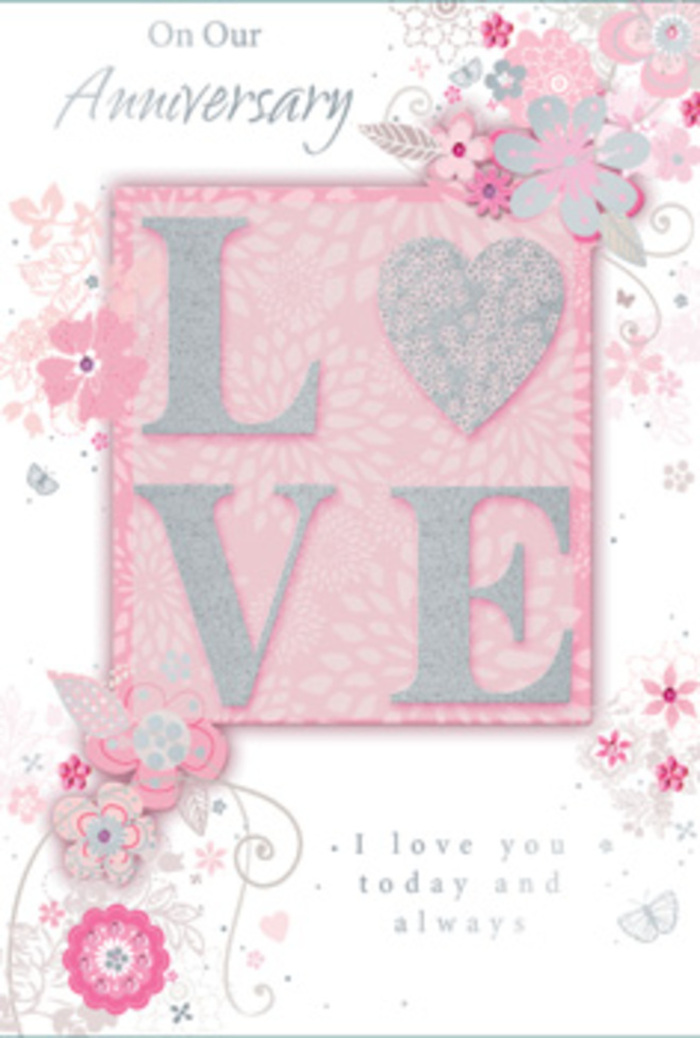 Presented in a close, careful view, this anniversary card resembles a paper bouquet composed with the same artistry seen in Belvedere's local flower shops. The central motif, the word LOVE, is printed in raised, frosted glitter that lends a shimmering, almost frosty texture. As the light passes over the letters, they sparkle gently, inviting fingertips to trace each curve and edge. Around this luminous centre, hand-drawn blossoms and soft sprays drift along the borders of the design. Their petals are shaded in tones of blush pink, lilac, and creamy white, blending in a way that feels as harmonious as a pastel arrangement placed on a Belvedere windowsill. Fine filigree lines suggest tendrils and stems, looping between the flowers with an effortless grace, while dainty leaves and small, almost-hidden butterflies tuck into the negative spaces. These tiny details create a sense of quiet discovery, much like noticing new buds in a garden you walk past every day. The background is a muted, rosy pink, giving the card a warm, sunlit glow that suggests comfort and longstanding affection. In the lower portion and inside, a tender message reads, I love you today and always, set in understated, flowing type. The script feels intimate, as though it could have been penned by hand just for one person. This combination of tactile glitter, dreamy colours, and gentle floral illustration turns the card into more than a simple greeting; it becomes a meaningful keepsake that mirrors the thoughtfulness behind an anniversary bouquet shared in Belvedere.