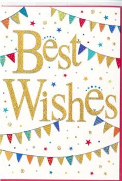 This image showcases a lively "Best Wishes" card that seems to bottle the spirit of a Belvedere celebration, complete with bunting and confetti. The backdrop is a smooth, brilliant white, allowing every coloured detail to stand out clearly. In the centre, the phrase "Best Wishes" is written in elegant gold script, the strokes thick and graceful, suggesting the look of hand-lettered calligraphy embossed with shimmering foil. The gold lettering gently reflects light, giving an impression of depth and texture, as if you could run a finger along the raised curves of each letter. Arched above and below this central message are rows of bunting, reminiscent of decorative flags fluttering over a garden party or school fair near Belvedere's parks. Each tiny flag is rendered in vivid shades of blue, red, green, yellow, and purple, some with playful patterns such as polka dots, diagonal stripes, or geometric motifs. Scattered across the remaining white space are petite stars and small circular dots, echoing the bunting's colours and creating a confetti-like effect that adds an element of movement and fun. The design feels festively busy yet carefully arranged, with enough white space to keep it from feeling crowded. It's the kind of card you might slip into a bouquet from Belvedere Flowers, sending it to mark a special achievement, a new job in town, or simply to wish someone luck as they embark on a new chapter. The mood of the card is warm, inclusive, and encouraging, offering heartfelt congratulations and support in a bright, modern style that suits many occasions.
