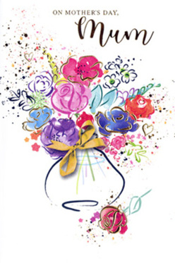 In this expressive Mother's Day card design, a joyful bouquet blooms across the page in layered washes of watercolour, evoking the gentle energy of a spring morning in Belvedere. Abundant pink and magenta flowers gather at the heart of the illustration, their petals edged with confident indigo lines that lend structure to the otherwise fluid shapes. Cooler blue and lavender blossoms, along with soft apricot and blush tones, weave between the brighter blooms, creating a sense of depth, balance, and calm. Slim strokes of gold trace along selected petals and leaves, adding a quiet shimmer, like light catching raindrops after a shower over Belvedere's gardens. The arrangement rises from a simple, rounded vase, its form suggested with translucent colour rather than harsh outlines, and it is finished with a neat golden bow that hints at the thoughtful presentation you might expect from a local florist. Around the bouquet, fine splashes of paint and tiny hearts spill outward into the clean white background, giving the artwork a feeling of movement-almost as if the flowers are gently swaying in a breeze. Though no real fragrance is present, the image conveys the freshness and joy of receiving a hand-tied bouquet delivered to a Belvedere doorstep on Mother's Day morning. The overall mood is warm, affectionate, and slightly playful, capturing the mix of gratitude, comfort, and delight shared between mother and child. This card offers not just an image, but a visual expression of love, carefully composed so that every colour and stroke echoes the sentiment behind the occasion.