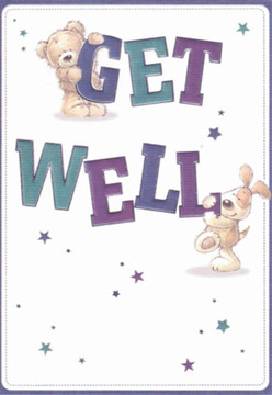 This delightfully illustrated get well card, so fitting for Belvedere, immediately inspires comfort and cheer. At the top, a plush teddy, all round softness and gentle brown tones, lovingly clasps the bold 'GET', while below, a lively, floppy-eared puppy nuzzles tenderly at the word 'WELL'. Their playful shapes and expressive eyes evoke warmth and sincerity, conjuring memories of friendly encounters on Belvedere's village green. The backdrop's clean white expanse is punctuated by processed bursts of star-shaped confetti in purples, aquas, and cobalt, each one a tiny spark of hope. Vivid letters, dressed in indigo and teal, lend visual intrigue and buoyancy; the message leaps forward with the same enthusiasm as a heartfelt greeting from Belvedere Flowers delivered to your doorstep. The scene radiates nurturing care-each brushstroke precise, every texture inviting-mirroring the comforting embrace of flowers arranged with intention. It's as if the card itself is an extension of Belvedere's natural hospitality, offering light and hope to anyone on the mend.