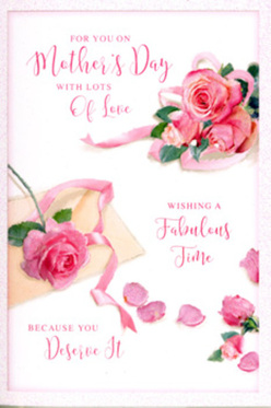 Every element of this Mother's Day card seems composed with the same care and precision found in a boutique arrangement from Belvedere Flowers. A cluster of pink roses dominates the design, each bloom in full, generous flower, with velvety petals that appear almost three-dimensional against the softly toned background. The roses vary in hue from light blush to deeper rose-pink, evoking the look of blooms just selected from a well-tended garden or a favourite Belvedere florist. Around the central bouquet, individual petals are scattered artfully, as if a fresh bunch has just been unwrapped and allowed to relax, adding a touch of spontaneity and romance. A ribbon in delicate pastel shades winds itself around the largest cluster, echoing the skillful tying of a hand-tied bouquet; its subtle twists and folds lend a sense of movement and texture to the composition. Gentle, flowing script weaves across the design, with words celebrating a "fabulous" Mother's Day and expressing gratitude and admiration. The calligraphy is elegantly curved, its soft arcs mirroring the shapes of the petals and the loops of the ribbon, uniting text and image into a cohesive whole. The light falling on the card is calm and diffused, like daylight filtered through a curtain in a Belvedere sitting room, lending the scene a warm, inviting glow. Together, these details create the impression of a fragrant, freshly arranged rose bouquet captured on paper-an ideal companion to real blooms delivered locally, or a stand-alone gesture of appreciation for a well-deserving mum.