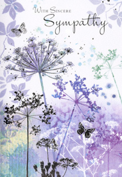 This sympathy card presents a peaceful botanical scene that could easily echo the quiet gardens tucked behind homes in Belvedere. Tall, willowy stems of wildflowers stretch upward in a loose, natural pattern, their umbel-shaped heads drawn with intricate, almost lace-like detail. Shades of violet, lavender, and cool blue softly blend with silvery greens, the colours applied in gentle watercolour washes that ebb and flow across the card like a receding tide. The stems are so fine that they become nearly translucent at their upper reaches, giving each bloom an airy, floating quality, as though the flowers are gently nodding in a mild breeze drifting over Belvedere Road. Behind them, a misty backdrop of muted purple and pale blue-grey creates the sense of distant fields or hedgerows veiled in dawn fog. Subtle, pale butterflies hover among the blossoms, their barely outlined wings suggesting fragility yet also quiet resilience. Light appears to emanate softly from within the design, bathing the flowers in a tender glow rather than casting defined shadows. The entire composition feels intentional yet unforced, much like a lovingly arranged funeral bouquet crafted by an experienced Belvedere florist who understands the need for grace and restraint. There is comfort in the softness of the palette and the openness of the layout, leaving emotional space for the viewer's own thoughts and memories. For anyone in Belvedere seeking a way to express sympathy that is both gentle and sincere, this card offers a calm moment of reflection painted in petals, stems, and wings.