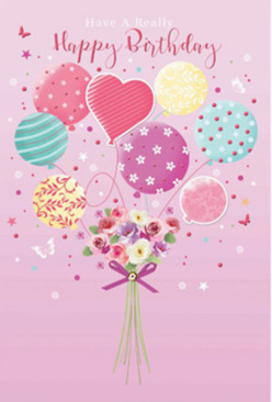 Pastel-toned birthday artwork showing balloons and flowers combined into one uplifting composition, as if designed by a local Belvedere florist with a love for cheerful celebrations. The scene is set on a pale pink background, creating a calm, affectionate atmosphere that allows every detail to stand out. At the very bottom, a compact bouquet of roses and anemone-like blooms forms a rounded base, with petals in creamy white, blush, and gentle mauve, softly layered and slightly feathery at the edges, as though freshly opened for a morning birthday delivery in Belvedere. A violet satin bow wraps around the stems, tied in a generous, glistening knot that speaks of thoughtful craftsmanship. From this bouquet, slender strings rise, holding a cluster of pastel balloons in the air. The balloons are round and heart-shaped, coloured in muted teal, rose pink, lemon yellow, and lavender. Each one is decorated with a different playful pattern-candy-like stripes, joyous polka dots, curling swirls, and tiny florals that echo the blooms below. A central heart balloon feels like the emotional anchor, symbolising love and appreciation. Small stars and delicate butterflies float around the arrangement, giving the impression of a breeze carrying party decorations across a Belvedere garden. Light in the illustration is gentle but bright, creating reflections on the balloon surfaces and soft shadows around the bouquet, adding dimension without harshness. The overall feeling is one of airy celebration and heartfelt affection, perfect for a birthday card accompanying flowers delivered to homes and offices throughout Belvedere and the surrounding streets.
