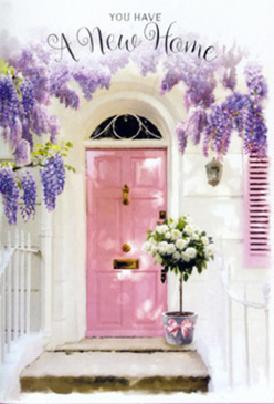 The scene shows a lovingly decorated entryway that could belong to one of Belvedere's characterful terraces, captured at that magical hour when the light softens and colours deepen. A pastel pink front door stands slightly recessed within whitewashed walls, the gentle tone of the paint radiating a sense of warmth and approachability. The eye is naturally drawn upward to the lush canopy of wisteria that frames the doorway: long, pendulous clusters of lavender and lilac flowers trail down in loose curtains, their blossoms catching flakes of sunlight and brushing against the rendered wall. The foliage of the wisteria adds an extra layer of texture, with small, pointed leaves interrupting the flower clusters and casting delicate shadows across the scene. Resting on the step is a metal florist's bucket, given a glamorous new purpose by the arrangement it holds. Inside, a wealth of white and cream roses unfurl in elegant layers, their petals plump and inviting, each flower tilted slightly differently as if in gentle conversation. Threads of fresh green foliage soften the edges of the bouquet, adding contrast without disturbing the peaceful, neutral palette. Wrapped around the base of the bucket, a satin ribbon in a soft blush shade is tied into a graceful bow, its sheen catching the light and echoing the tone of the door. The composition feels calm yet full of expectation, as though the homeowners are about to step over the threshold for the first time. It's the kind of arrangement a Belvedere florist would send to celebrate a housewarming or a new tenancy, capturing the emotions of optimism, welcome, and belonging in the most delicate, fragrant way.