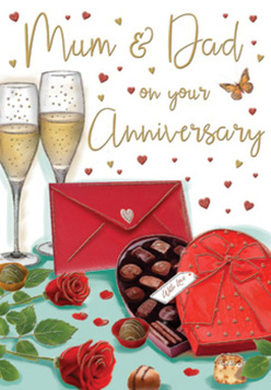 In this beautifully detailed anniversary card, the artwork captures the atmosphere of a lovingly prepared celebration, the kind of intimate moment often recreated in Belvedere homes when flowers and treats arrive together. The main focus is a pair of deep red roses, placed carefully on a tabletop, their petals illustrated with soft, curved lines that suggest a velvety, almost touchable texture. Their vibrant colour is heightened by the contrast of glossy green leaves, echoing the fresh, premium stems a florist near Belvedere Park might select for a special anniversary bouquet. Beside the roses sits an open, heart-shaped box of chocolates, its lid drawn back to display an assortment of delicately shaded truffles. The box is wrapped in a dramatic red bow that arcs across the lid in generous loops, giving the impression of a lovingly chosen gift. A few chocolates have been lifted out and now lie scattered nearby, implying a relaxed, shared pleasure. Just beyond, two tall champagne flutes stand side by side, filled with golden sparkling wine. The bubbles are caught mid-rise, tiny circles of light that lend movement and life to the composition, as though a toast is about to be made. Across the background float small gold and crimson hearts, framing the hand-lettered words addressed to "Mum & Dad," which place the card firmly in the realm of family affection. A scarlet envelope with a tiny heart seal rests at the front edge, suggesting a handwritten message tucked inside. Together, the rich reds, warm golds, and tender details create an image that feels both indulgent and homely, perfectly suited to honouring a cherished partnership in Belvedere.