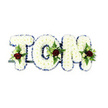 A serene memorial tribute that spells the name TOM in voluminous, three-dimensional letters formed from tightly packed, pristine white chrysanthemums. Each petal cluster creates a pillowy, tactile surface that reads soft to the eye and comforting in tone. The outlines of the letters are crisply defined with a royal blue ribbon that traces every curve and angle, adding a sober, dignified line that makes the name stand out against the pure white backdrop. Within the centre and lower sections of each letter sit small, balanced sprays: a single deep red rose anchors each cluster, its velvety petals conveying love and solemnity, while tiny ivory spray roses and delicate buds soften the composition. Sprigs of fern-like greenery and glossy foliage weave through the blooms, introducing cool green tones and a gentle, textured contrast. A low-profile dark metal support bar is visible beneath the arrangement, hinting at the florist's careful engineering so the letters stand securely during a service. The whole piece is photographed against a stark white surface under soft, diffused light that highlights the chrysanthemums' rounded shapes and the ribbon's sheen without casting harsh shadows. There is a faint suggestion of scent-the subtle, clean fragrance of chrysanthemums mingling with the warm, sweet note of the red roses-offering a quiet, consoling presence. Suitable for a funeral or remembrance ceremony in Belvedere or along the Thames, this personalised floral name tribute reads as a calm, respectful embrace for family and friends gathered to honour a life.