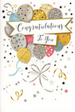This image features a refined congratulations card, styled to look like a little celebration you can hold in your hands, ideal for pairing with flowers delivered across Belvedere. A generous cluster of balloons dominates the centre, gathered in a loose, rounded formation that resembles a festive bouquet. The balloons are coloured in understated, celebratory tones-soft gold, silver, champagne, sky blue, blush pink, and gentle grey-and each one carries its own decorative touch, from twinkling star patterns to slim bands and tiny speckles that subtly suggest glitter and sheen. The surfaces appear smooth and reflective, as though they would catch the light from a nearby window in a Belvedere living room during an evening gathering. Fine ribbons in metallic gold and silver stream downward from the bases of the balloons, curling naturally and overlapping in graceful loops, much like the finishing touches on a hand-tied congratulatory arrangement from Belvedere Flowers. Across the centre of this balloon cluster floats a pale banner with softly curved edges, bearing the words Congratulations To You written in flowing, calligraphic script that feels warm and sincere. Surrounding the composition, a gentle, neutral background is scattered with small stars, swirling motifs, and dot-like flecks that echo confetti drifting through the air after a toast. The overall effect is light, joyful, and polished, conveying pride, admiration, and shared happiness without being overly bold. This card would be perfectly at home beside a vase of fresh blooms, helping to celebrate exam results, new beginnings, promotions, or any special success story unfolding in Belvedere.