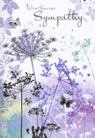 Opening this sympathy card is like pausing on a calm path in Belvedere just after a gentle rain, when the air feels cool and the colours around you are softened. The artwork features tall, graceful stalks of wildflowers, their umbelliferous heads rising in fine, branching patterns that resemble lace held up to the light. Soft shades of lavender, indigo, and powdery blue blend with silvery green stems, all painted in delicate watercolour layers that bleed subtly into each other. The upper portions of the flowers are rendered with such lightness that they appear to dissolve into the surrounding space, giving the impression of motion, like plants swaying near the edges of Franks Park. Behind the blooms, a dreamy wash of muted purple, grey-blue, and pale sage suggests distant foliage blurred by mist, ensuring that the flowers themselves remain the quiet focal point. Scattered between the stems, barely-there butterflies hover with wings tinted only slightly darker than the background, evoking transformation, the persistence of love, and a sense of gentle presence that words alone might not capture. The light across the scene is diffuse and soothing, with no hard lines or sharp contrasts, lending an almost meditative quality to the design. In its balance of open space and fine detail, the illustration reflects the same sensitivity a Belvedere florist brings to creating a funeral tribute-respectful, understated, and deeply compassionate. For someone in Belvedere wishing to express sincere sympathy, this card offers a tender visual comfort, a painted reminder that care and memory quietly endure.