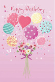 Heart-warming birthday illustration combining pastel balloons and a compact flower bouquet, evoking the joyful spirit of celebrations throughout Belvedere. The background is a gentle, powdery pink that immediately suggests sweetness and warmth. At the lower centre, a rounded bouquet of small roses and anemone-like flowers nestles together, their petals in shades of creamy ivory, blush, and soft mauve, layered to form a plush, almost cushion-like effect. The flowers are bound with a violet satin bow, its sheen and slight creases hinting at a lovingly hand-tied finish. From this floral base rise several thin strings, each attached to a floating balloon coloured in soft teal, rose pink, lavender, and lemon yellow. There are both round and heart-shaped balloons, each decorated with lively patterns: some swirl with candy stripes, others are scattered with polka dots or tiny blossoms, creating a harmonious mix of playful details. A central heart balloon stands out, symbolising the affection behind a birthday greeting. Scattered stars and whimsical butterflies drift across the composition, as though caught in a light breeze at a Belvedere garden party. The overall lighting is bright yet soft, with highlights glinting off the curved balloon surfaces and along the edges of the petals, giving the scene depth and a gentle sense of movement. The artwork feels airy, festive, and tender all at once, like the moment a birthday card is opened alongside a fresh bouquet delivered to doorsteps around Belvedere, bringing colour and happiness into the room.