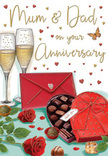This anniversary card artwork paints a tender, celebratory mood, as if capturing a private moment in a Belvedere living room when the evening has settled and love is the focus. At the centre of the composition, two tall champagne flutes stand close together, filled with pale golden champagne. The bubbles trail upwards in glistening strands, giving a sense of movement and echoing the anticipation of a toast shared between long-time partners. In front of the glasses, an open heart-shaped box of chocolates lies invitingly, its red lid folded back to reveal a carefully arranged selection of truffles, each one delicately shaded to suggest smooth, indulgent centres. A lavish red bow spans the lid, the loops and tails drawn with enough detail to imagine the soft, satin texture under your fingers. To one side, two rich red roses rest with their deep green leaves still attached, the petals layered and velvety, just like the premium roses a Belvedere florist might prepare for same-day anniversary delivery. A few chocolates have been placed loosely nearby, adding to the relaxed, homely feeling. Above and around, tiny crimson and gold hearts float gently across a softly glowing background, encircling a handwritten-style message addressed to Mum & Dad, which roots the scene in family affection and gratitude. At the bottom, a scarlet envelope sealed with a small heart sits neatly on the table, suggesting the presence of a deeply personal note filled with memories and thanks. The muted light, rich reds, and glints of gold combine to create an image that celebrates the sweetness, comfort, and enduring strength of a shared life together in Belvedere.